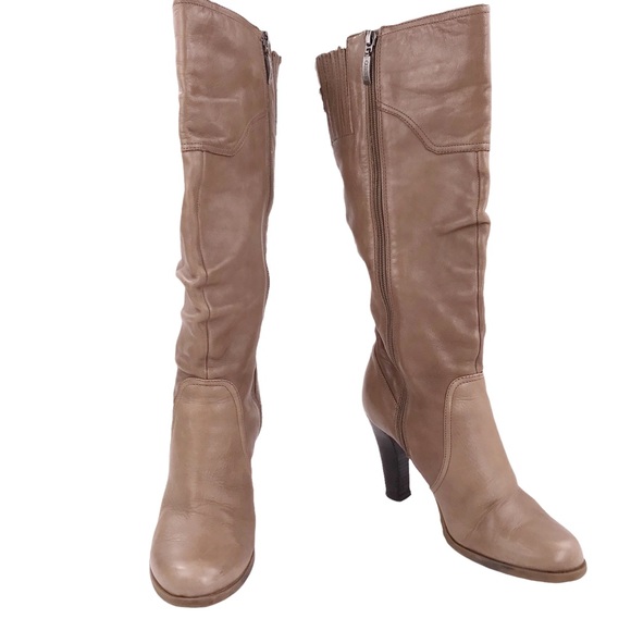Guess Gallira Women's Knee High Slouch Biker Boots Taupe/Beige Leather Heels 7.5 - Picture 3 of 12